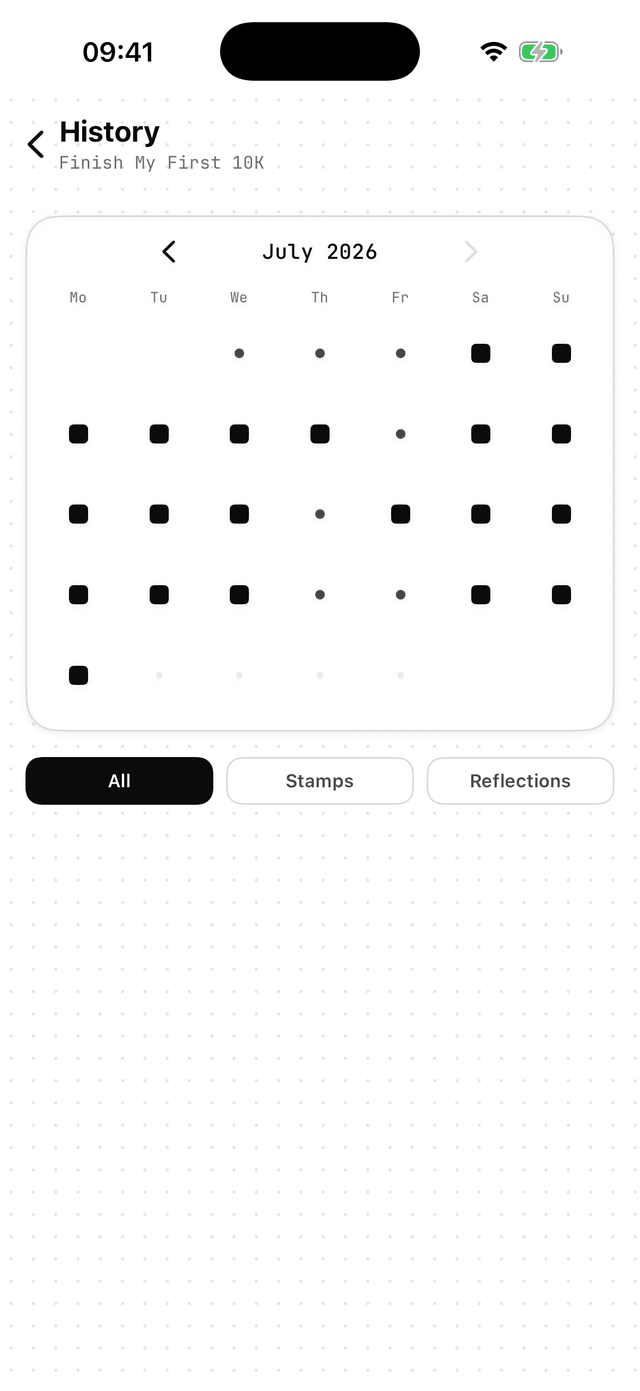 Method64 history screen showing a monthly calendar of stamped and reflected-on days